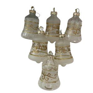 Vintage Lot 6 Clear Glass Christmas Bells Ornaments Frosted Gold Glitter